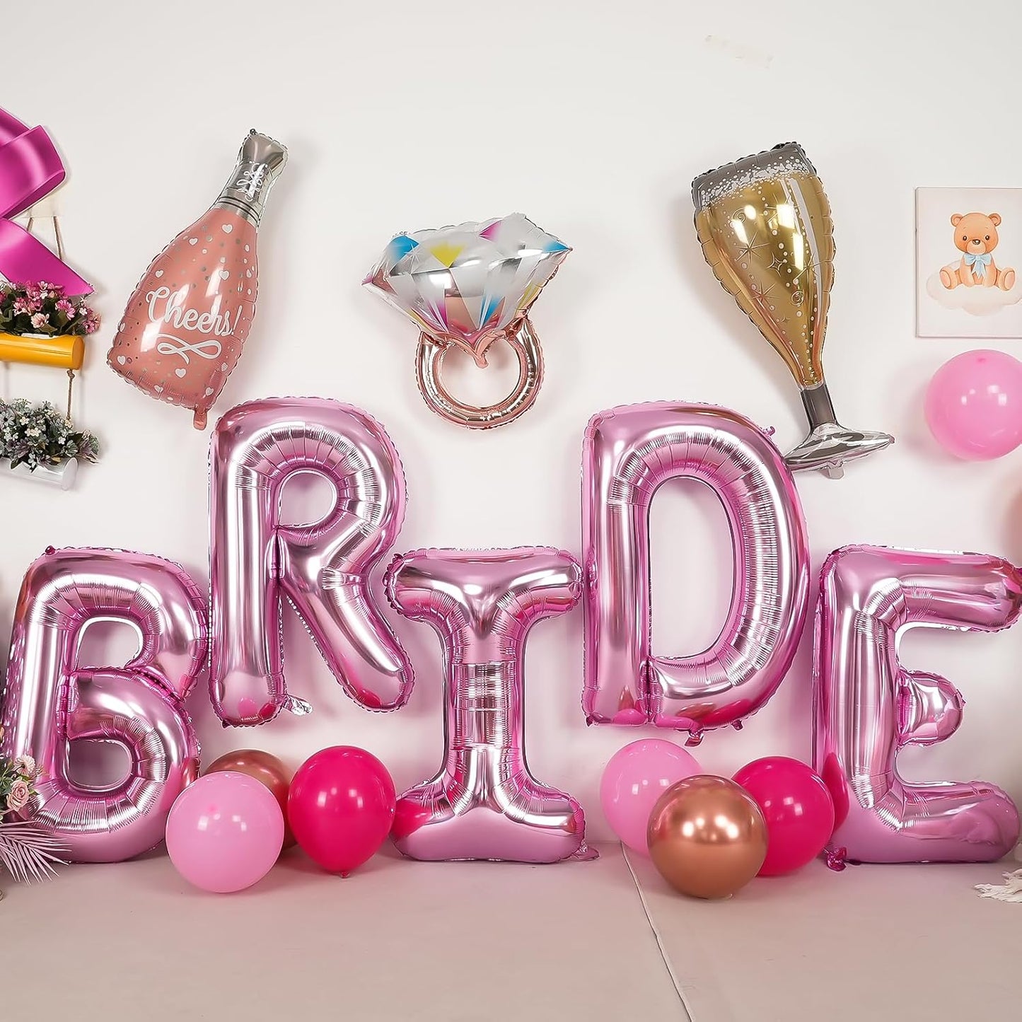 40inch Bride Balloons Pink Letters Banner, Bachelorette Party Decorations Set with Diamond Ring Champagne Bottle Balloon Glass Foil Balloon for Pink Bachelorette Engagement Wedding Bridal Shower Decor