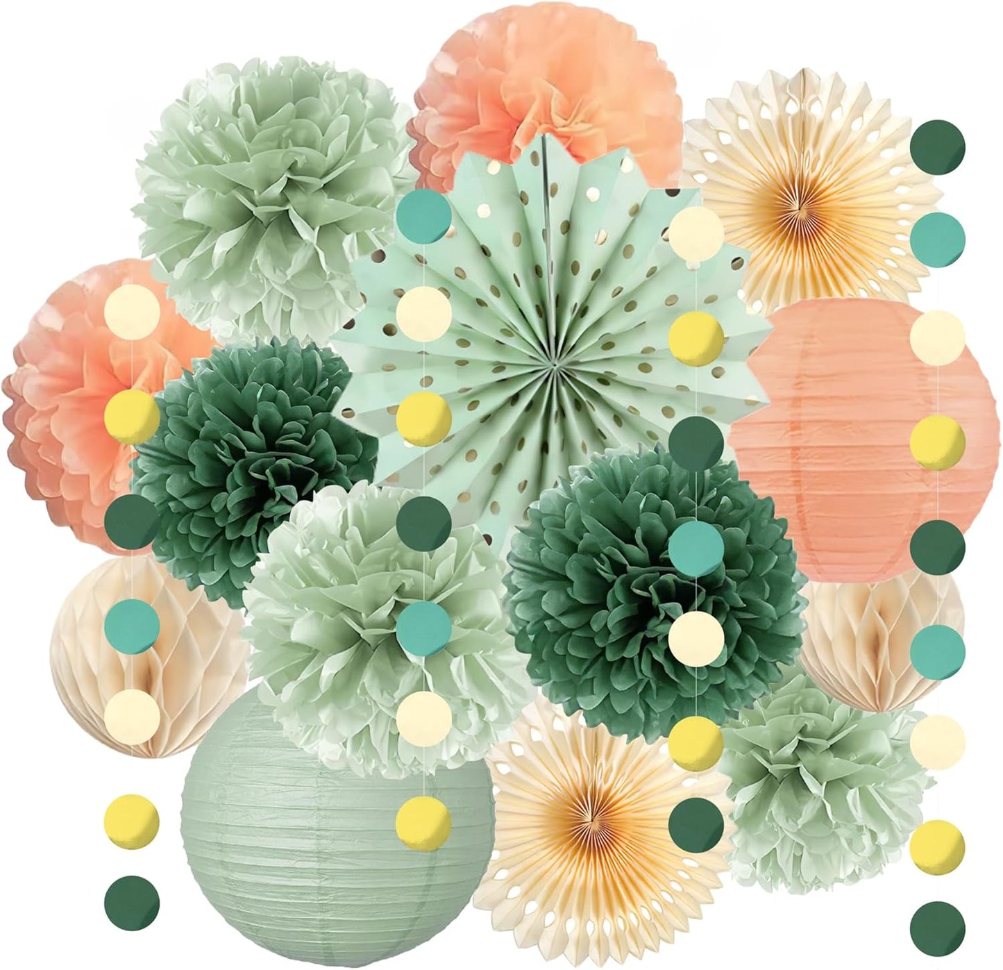 Sage Green and Peach Party Decorations Green and Peach Paper Fans Paper Lanterns Pom Poms Flowers for Baby Shower Birthday Wedding Engagement Party