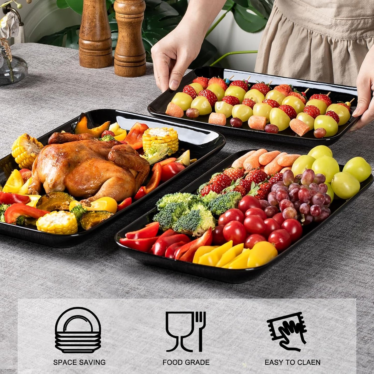 DELLING Large Serving Platter, 16/14/12inch Black Serving Tray Set- Rectangular Serving Platters for Party, Entertaining, Turkey Platter for Thanksgiving, Christmas, Microwave Dishwasher Oven Safe