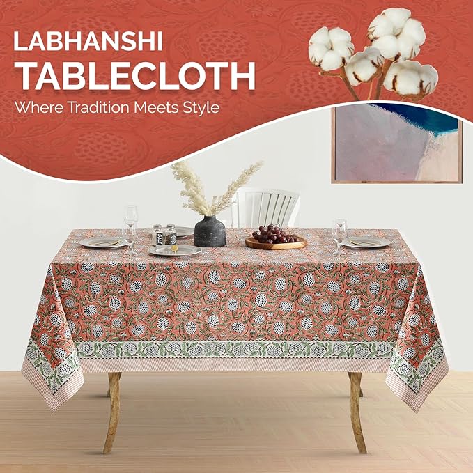 Labhanshi Indian Block Print Pre-Washed Cotton Floral 72x108 Inch Rectangle 8-Seater Table Cloth|Kitchen Dining Table Top Cover|Boho French Country Style Spring Easter Decor|Dark Salmon Pink