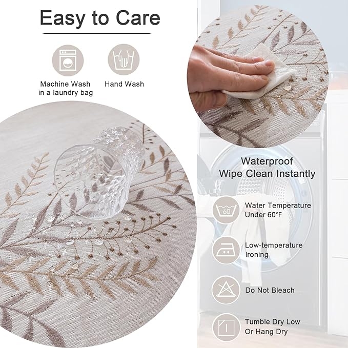 Joyfol Day Rustic Waterproof Linen Tablecloth, Heavy Weight Fern Embroidery Table Cloths for Rectangle Tables, Farmhouse Spill-Proof Table Covers with Tassels, Coffee 55''x 120''