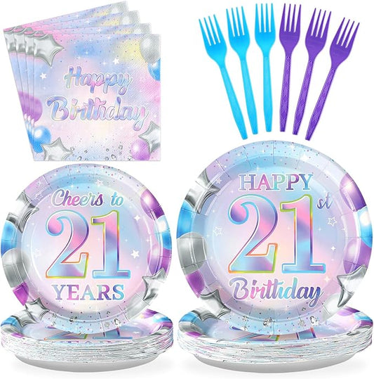 Grencian 96Pcs 21st Birthday Decorations Iridescent 21st Birthday Party Plates Disposable 350GSM Cheers to 21 Years Paper Tableware Set for Girls Women 21 Years Old Party Supplies Serves 24