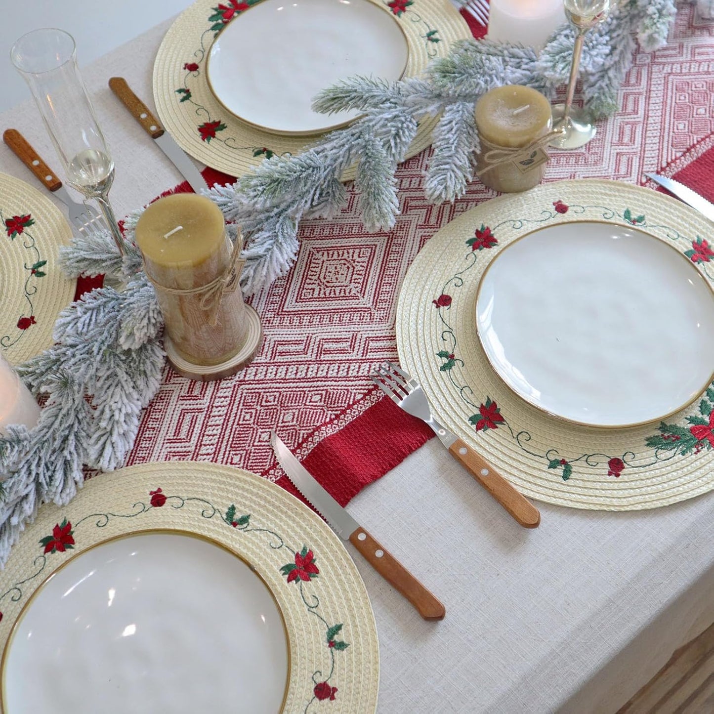 LaneVines Christmas Placemats Set of 6 Round Placemats Christmas, Embroidered Table Place mats, Holiday Decorations for Kitchen Dining Table Mats Plate Chargers