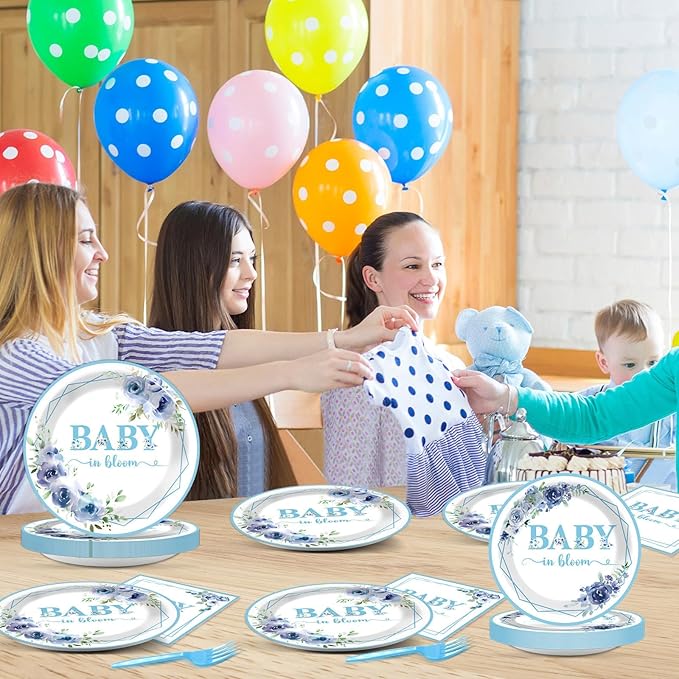 96Pcs Baby In Bloom Baby Shower Party Supplies Blue Flower Paper Plates Napkins Floral Shower Party Decorations Boy Girl Birthday Dinnerware Favor Tableware Serves 24