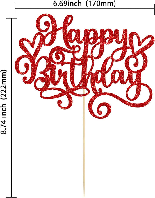Gyufise Happy Birthday Cake Topper Glitter Cake Pick for Celebrating Anniversary Party Cake Decorations Supplies - Red (1Pcs)