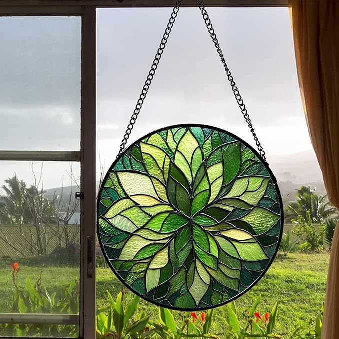Stained Glass Window Hanging - Green Gradient Flowers Suncatcher for Doors Window Home Plant Sun Catchers Decor Christmas Mother's Day Birthday Gifts for Teacher Women Men Mom Nana 7.8 in