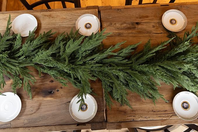 15ft Handmade Christmas Garland,Artificial Cypress Cedar Pine Needles Greenery Seasonal Garland for Christmas TV Cabinet Winter Holiday Indoor Outdoor Decoration