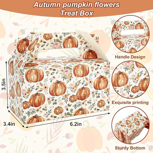 24Pcs Fall Pumpkin Treat Box with Handle Floral Pumpkin Goodie Candy Bags Autumn Cardboard Gift Box for Thanksgiving Cookie Candy Wedding Baby Shower Party Favors