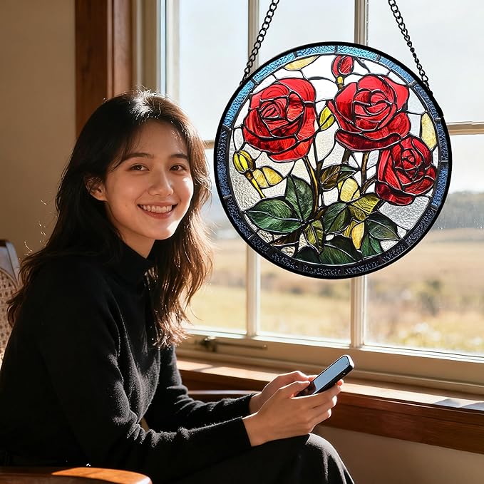 Stained Glass Window Hanging Red Rose Flower 7.8" - Suncatcher Door Garden Sun Catcher Decor Birthday Anniversary Valentines Day Gifts for Woman Wife Men Her Him Lovers Girlfriend