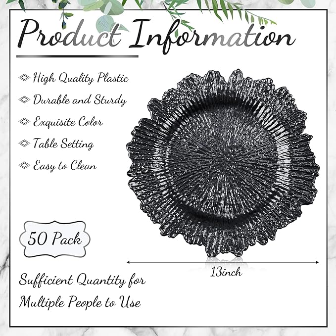 Rtteri 50 Pcs 13 Inch Charger Plates Bulk, Plastic Charger Plates with Floral Reef Design, Round Ruffled Rim Decorative Dinner Tableware for Wedding, Party, Event Table Decor(Black)