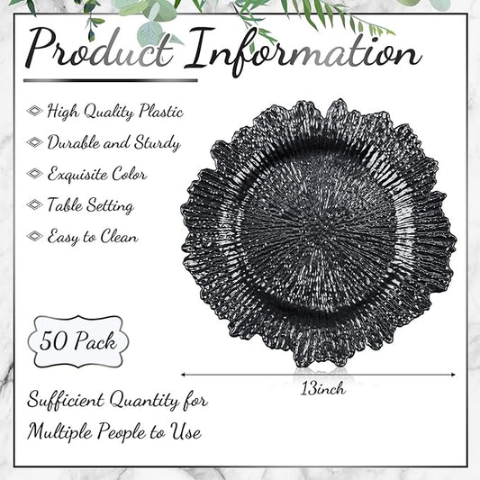 Rtteri 50 Pcs 13 Inch Charger Plates Bulk, Plastic Charger Plates with Floral Reef Design, Round Ruffled Rim Decorative Dinner Tableware for Wedding, Party, Event Table Decor(Black)