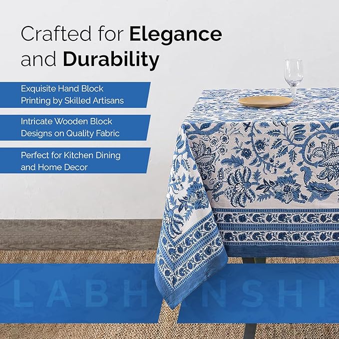 Labhanshi Indian Handblock Print Table Cloth|Ethnic Rectangle 72x108 Inch Floral Cotton 8-Seater Spring Easter Table Cover for Kitchen Dining Table Buffet Outdoor Tea Parties and Camping|Blue