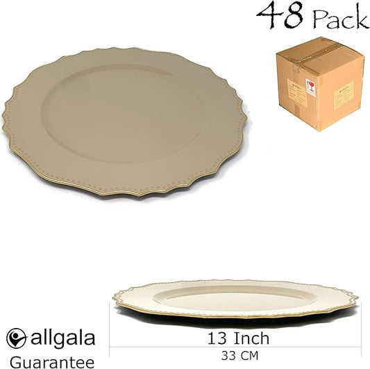 allgala Heavy Quality Round Charger Plates - Dinner Plates - Set of Charger Plates for Table Decor - Ideal for Weddings, Weddings, Thanksgiving Parties & Holidays - Floral Tan (13-Inch 48-Pack)