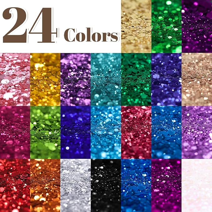 LEOBRO Chunky Glitter, 24 Colors Glitter for Crafts, Resin, Sequins for Crafts, Hair Body Face Makeup Nail, DIY Party Decorations, Solid Color