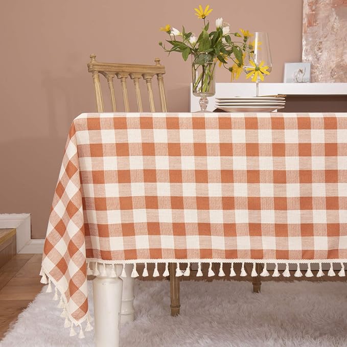 Rustic Plaid Thanksgiving Tablecloth-Country Buffalo Check Cotton Table Cloth for Spring Fall Farmhouse Kitchen Dining Restaurant Decoration(Rectangle/Oblong, 55x70, Orange)