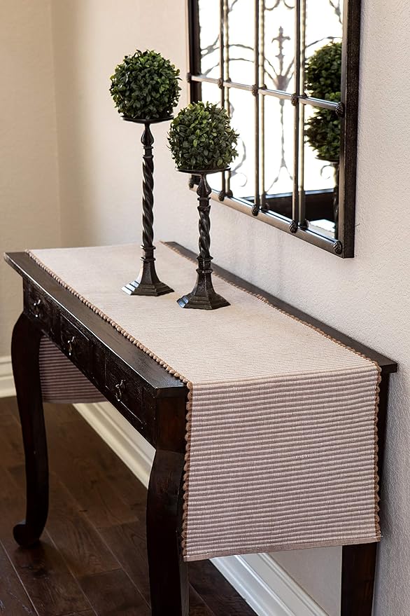 Sticky Toffee Cotton Table Runner 14x72 in – Tan Woven Ribbed Farmhouse Boho Décor for Kitchen or Dining Table, Oeko-Tex