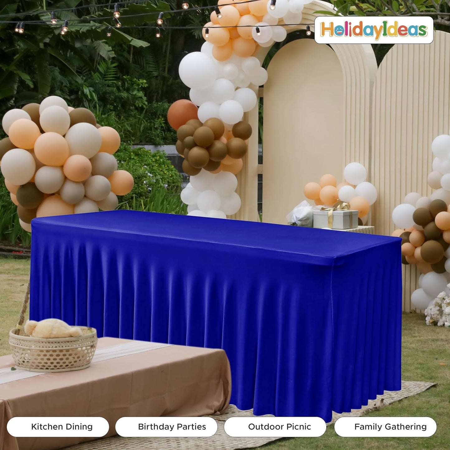 HolidayIdeas Royal Blue 8ft Rectangle Spandex Tablecloth 2 Pack Fitted Stretch Table Skirts 30x96 Inch, Ruffle Design Wrinkle-Free Polyester Table Cover for Banquets,Trade Shows, Parties, Events