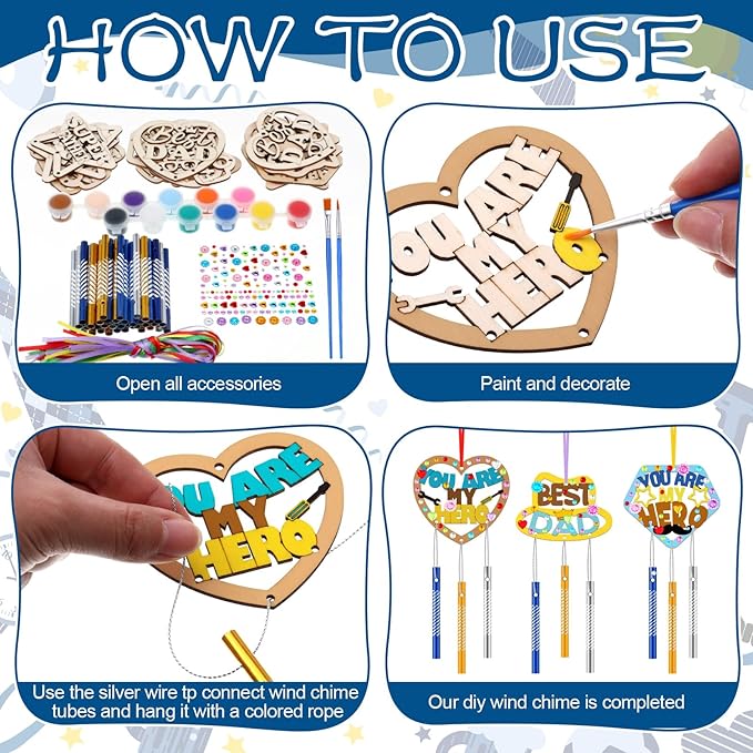 DoubleFill 30 Pack Wind Chime Kit Make You Own Father's Day Wind Chimes Crafts DIY Coloring Wooden Father's Day Art and Craft for Dad's Birthday Gifts Party Decoration Hanging Ornaments