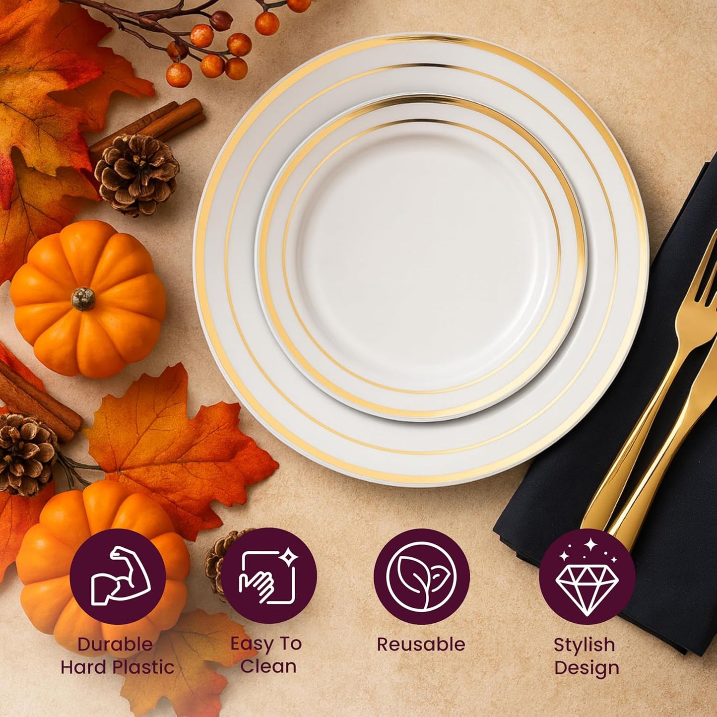 Aya's Cutlery Kingdom 100 Disposable White Plastic Plates with Gold Trim - Includes 50 (10-Inch) Plastic Dinner and 50 (7.5-Inch) Salad Dessert Plates - Heavy Duty and Elegant Tableware