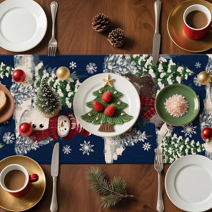 Artscope Reindeer Snowman Christmas Tree Table Runner, Xmas Winter Snowflakes Holiday Kitchen Dining Table Decoration for Christmas Home Party Decor 13x108 Inch-Blue