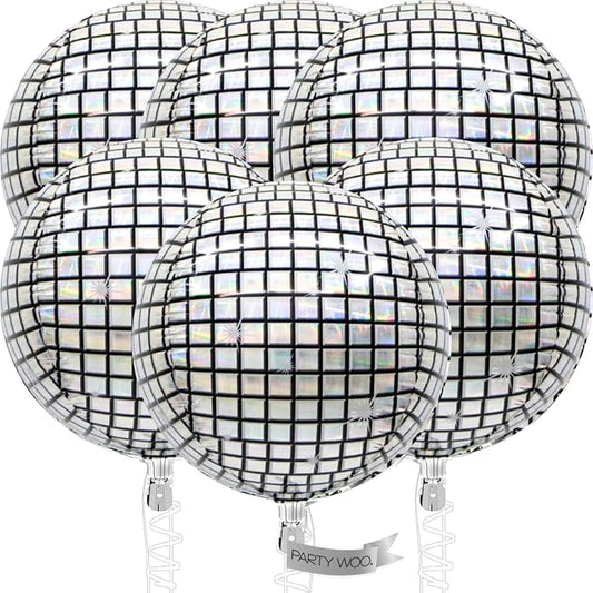 PartyWoo Silver Disco Ball Foil Balloons 6pcs 32 Inch Large Round Foil Big Giant 4D Jumbo Inflatable Mirror Ball Mylar Balloons for Graduation Birthday Engagement Space Themed Party Decorations