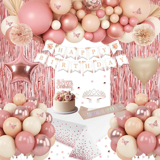 Birthday Decorations for Women Girls, Retro Blush Pink Birthday Party Decorations, Happy Birthday Banner, Crown, Sash, Pink Rose Gold White Sand Nude Balloons, Butterfly, Fringe Curtain, Tablecloth