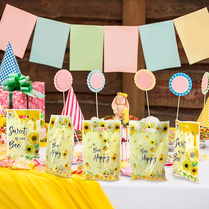 3sscha 50Pcs Bee Party Favor Bags Sweet As Can Bee Plastic Waterproof Goodie Bag Sunflower Yellow Rectangular Gift Pack for Kids Birthday Baby Shower Decoration Party Favor Supplies