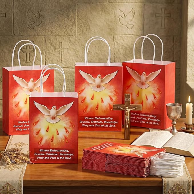 24 Pcs Holy Spirit Confirmation Gift Bags Pentecost Catholic Gift Bag Religious Paper Gifts Supplies with Handles Christian Party Favor for Baptism Party Rcia Decoration