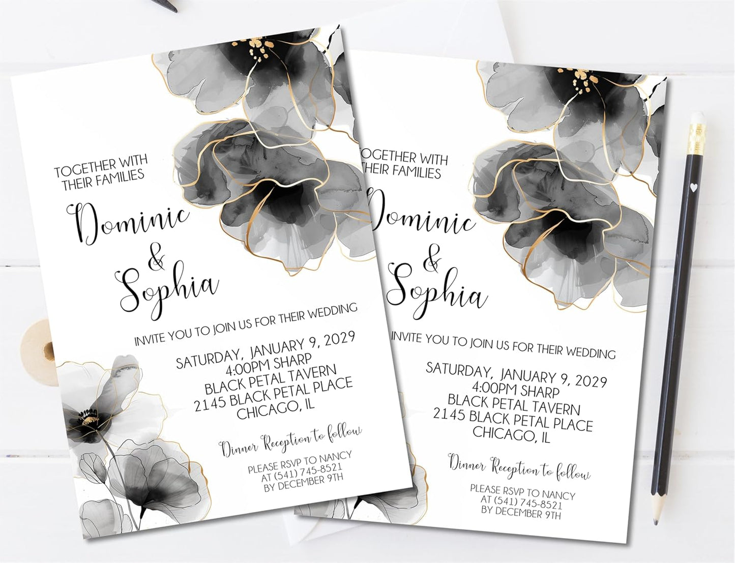 Black & White Wedding Invitations, Modern Black Design, Personalized, Set of 12 Invitations with Envelopes