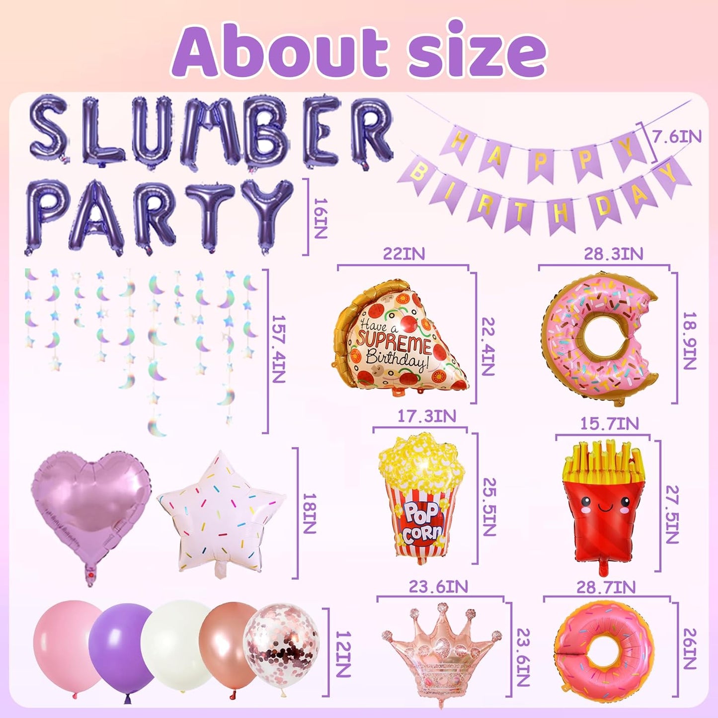 Slumber Birthday Party Supplies Girls - Purple Slumber Party Balloon Banner Large Popcorn Donut Pizza Crown Foil Balloons Set Girls Night Sleepover Pajama Theme Party Decorations