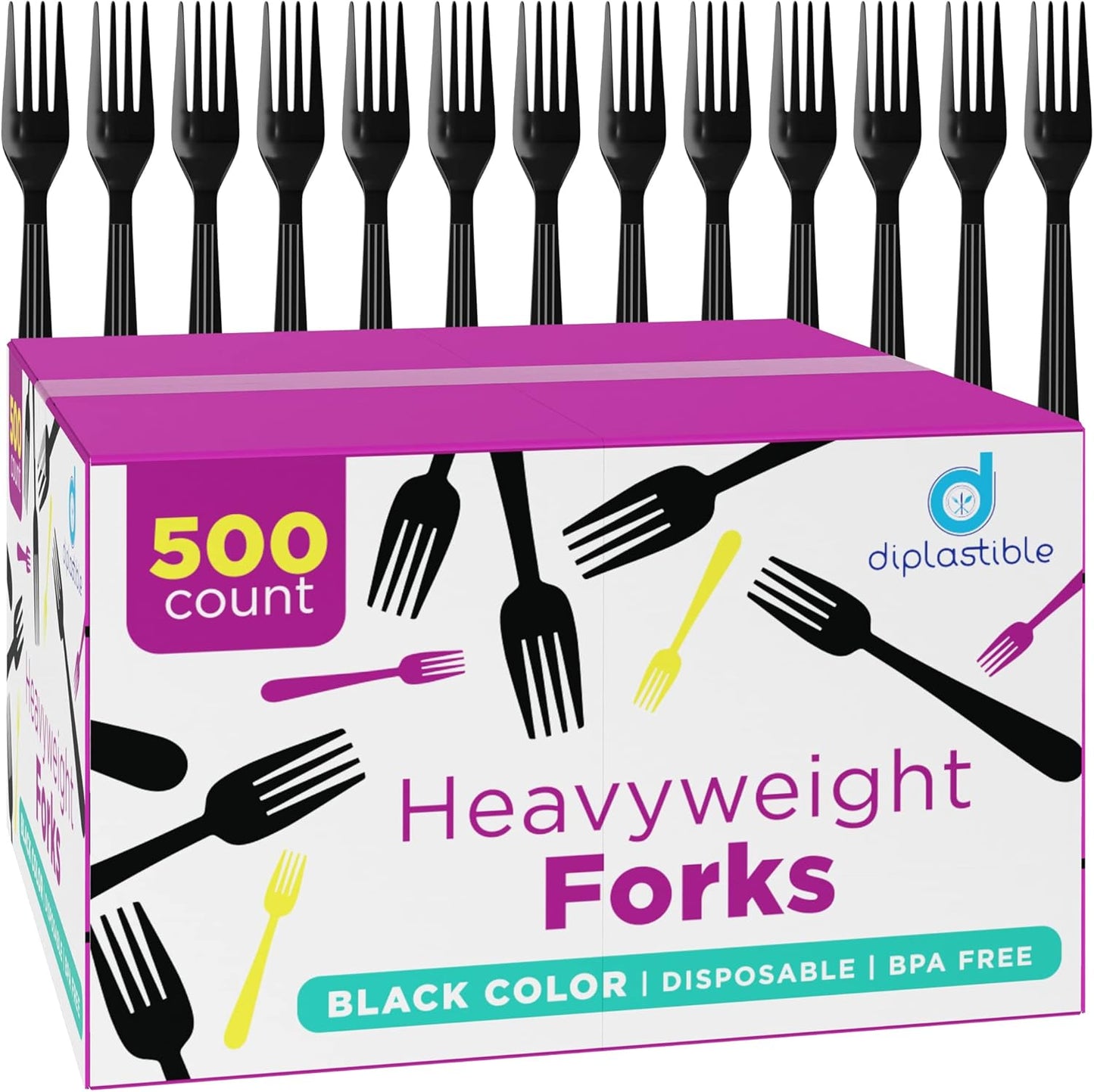Diplastible Plastic Forks Heavy Duty - Disposable Utensils - 500 Count - Black Forks