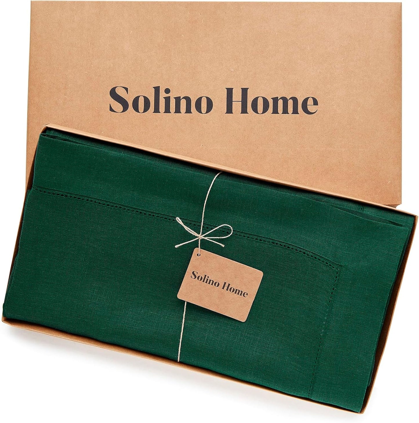 Solino Home Linen Tablecloth for Rectangle Tables 60 x 156 Inch - Classic Hemstitch 100% Pure Linen Rainforest Green Table Cloth - Machine Washable Cloth Tablecloth for Fall, Autumn, Thanksgiving
