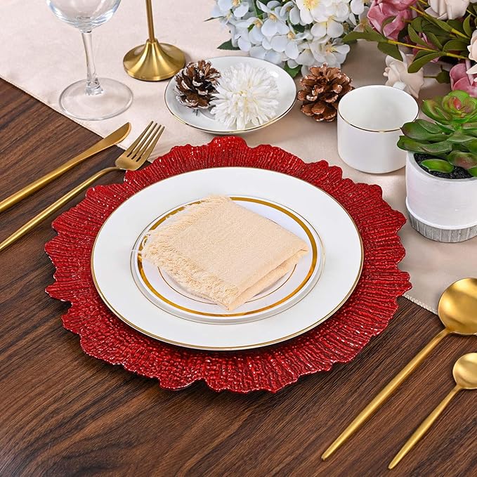 Pesonlook 24Pcs Red Charger Plates Round 13inch, Reef Plate Chargers for Dinner, Bulk Plastic Floral Table Charger Plates for Dinner Wedding Party Event Table Setting Decoration(Red)