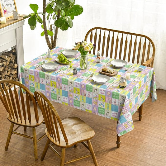 Horaldaily Easter Tablecloth 60×60 Inch Square, Plaid Bunny Rabbits Easter Egg Anemone Bowknot Colorful Washable Seasonal Table Cover for Party Picnic Dinner Decor