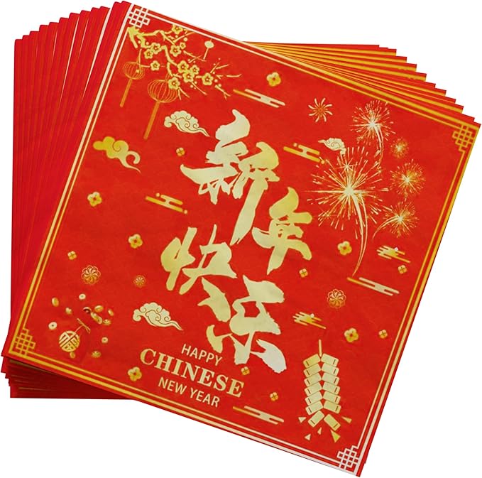 Blue Orchards Chinese New Year Plates and Napkin (2026 Year of the Horse - 60 Pieces for 20 Guests) - Lunar New Year Theme Plates And Napkins, CNY Party Decorations, Gong Xi Fa Cai
