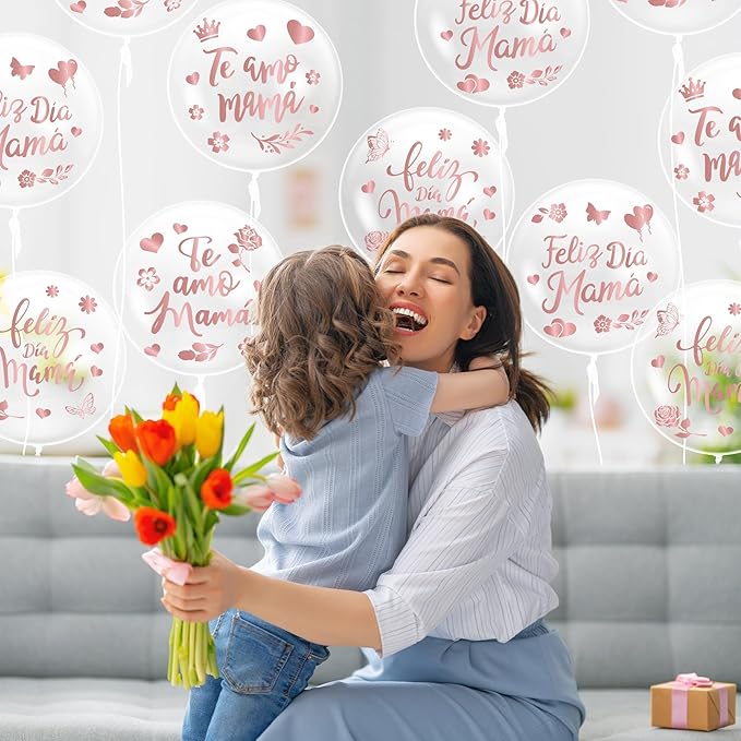 CNhoqc Mother’s Day Bobo Balloons - 20Pcs Feliz Dia Mamá Transparent Bobo Balloons 16Pcs Rose Gold Sticker Decals Set Mom’s Birthday Anniversary Home Party Decorations Supplies Bridal Shower Wedding