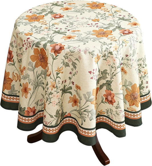 French Tablecloth for Round Table,Linen Orange Floral Wrinkle Resistant Tablecloths,Decorative Table Cover for Kitchen,Dining,Tea Party,Thanksgiving,Christmas,Diameter 67"-Milch