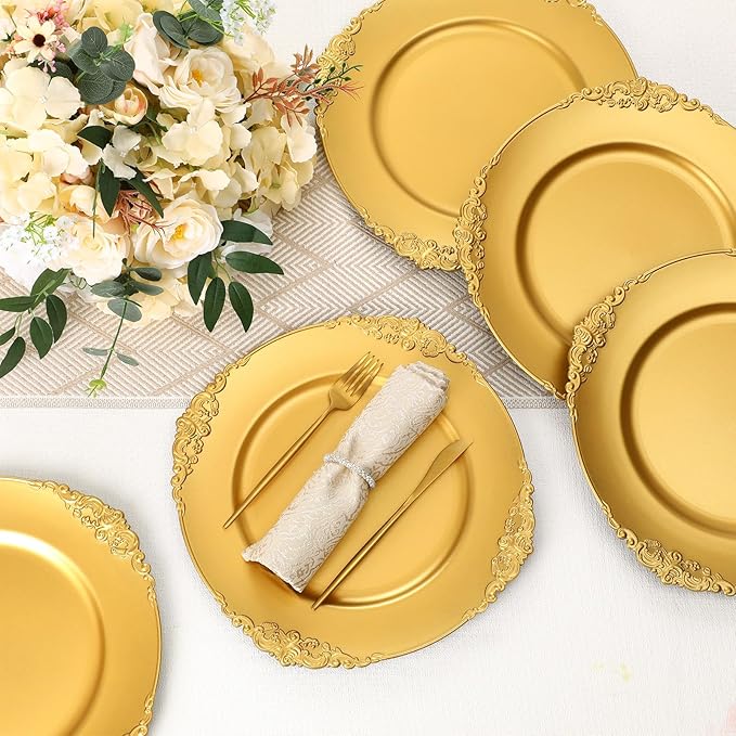 Jinei 36 Pack Gold Charger Plates 13 Inch Plastic Embossed Round Charger Plates Wedding Table Decoration Reusable Dinner Plate Tray for Birthday Party Holiday Event