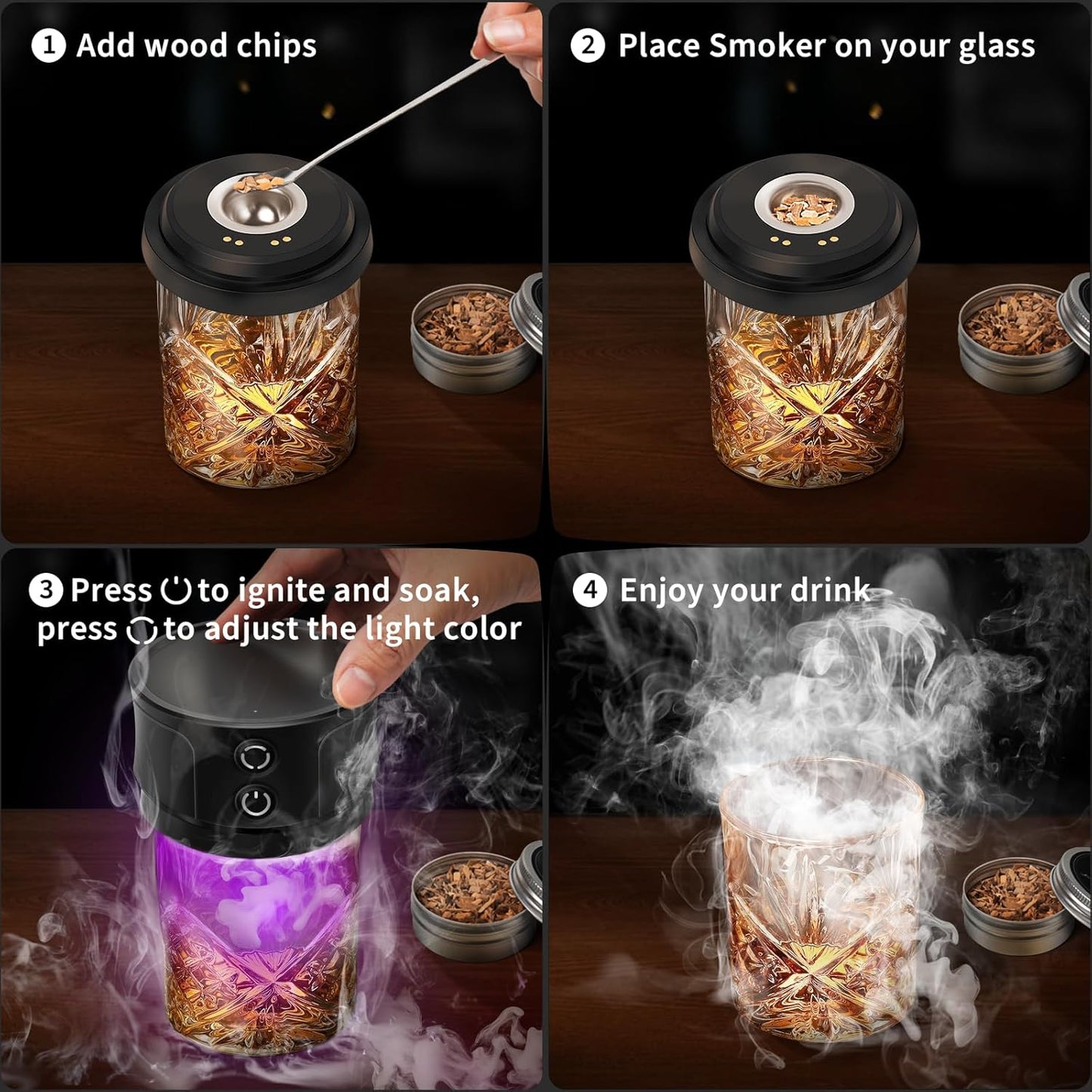 Electric Whiskey Smoker Kit with Lights: Cocktail Infuser with 6 Wood Chips for Whiskey Bourbon Lovers - Old Fashioned Drink Smoker Kits for Drink Mixing Home Bar Party - Christmas Gifts for Dad Men