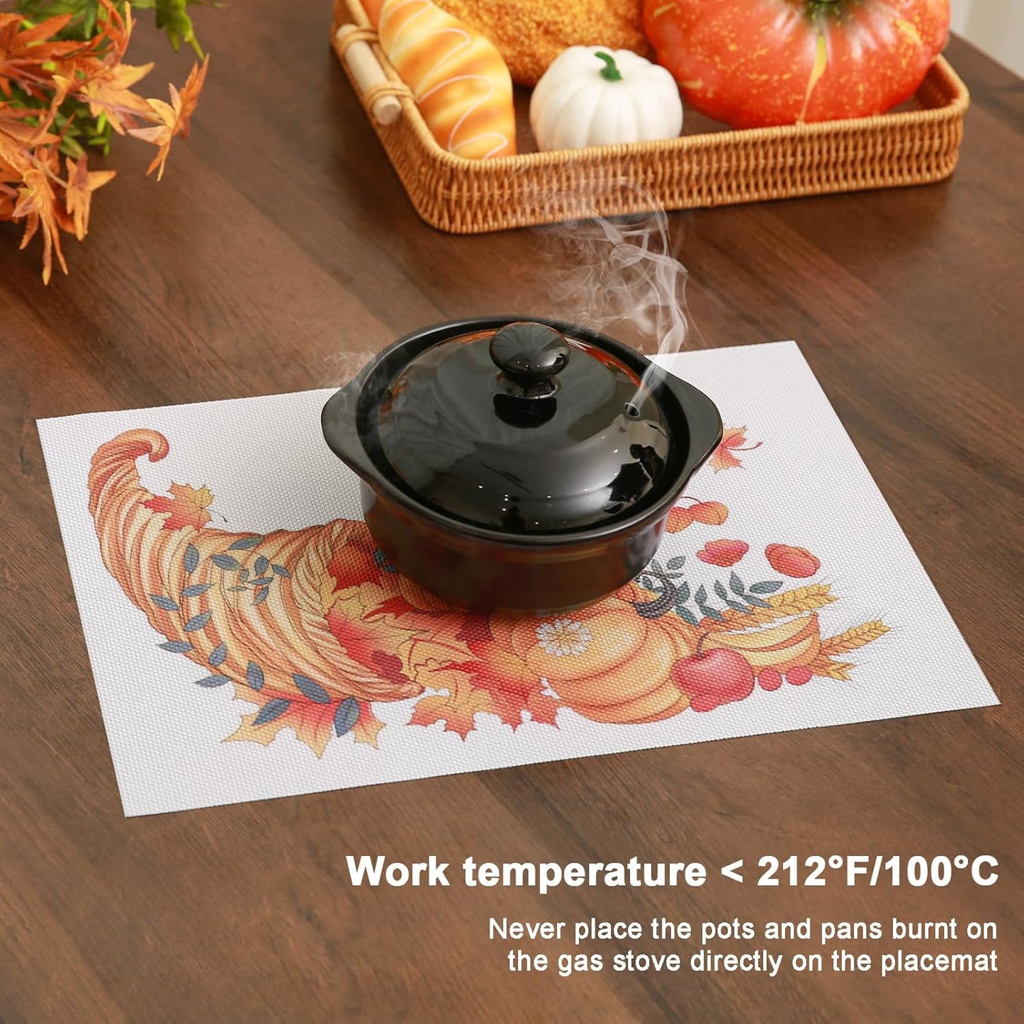 Thanksgiving Placemats Set of 4 Fall Place Mats Pumpkin Maple Leaves Table Mats Washable Non-Slip Heatproof Woven Placemats for Dining Table (17.7" X 11.8")