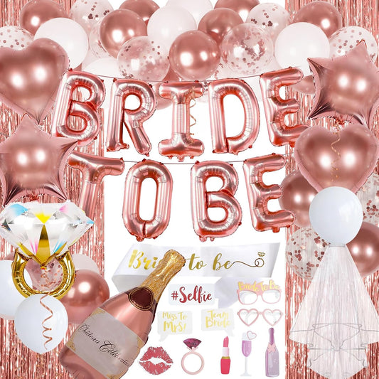 Bachelorette Party Decorations, Rose Gold Bride To Be Decorations with Bride Balloons, Sash, Veil, Tinsel Backdrop for Bridal Shower Decor