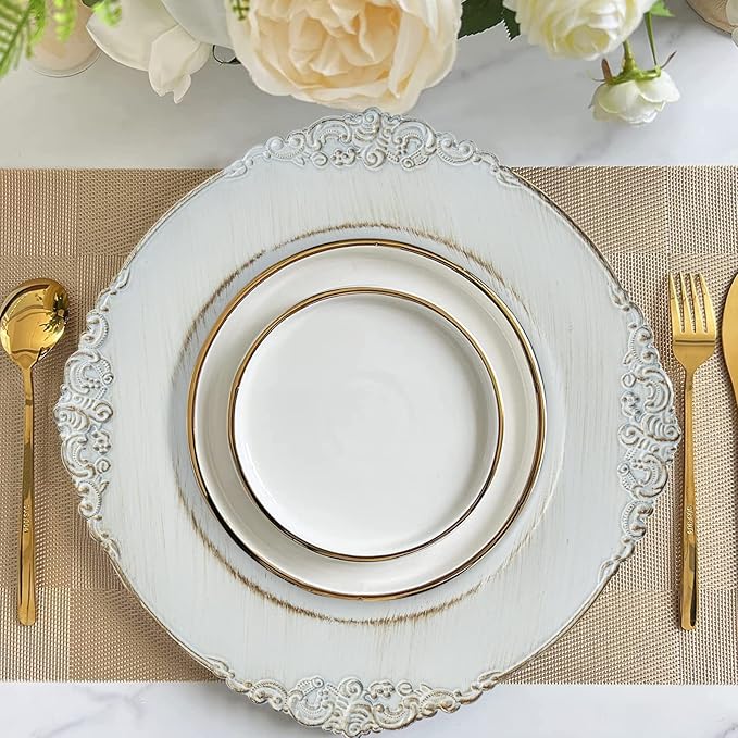 MAONAME Antique White Charger Plates, Round Antique Plate Chargers for Dinner Plate, 13" Plastic Charger for Plates, Wedding Table Setting, Set of 6