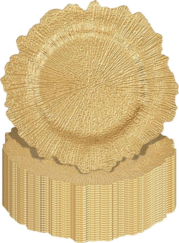 Pesonlook 24Pcs Gold Charger Plates Round 13inch, Reef Plate Chargers for Dinner, Bulk Plastic Floral Table Charger Plates for Dinner Wedding Party Event Table Setting Decoration(Gold)