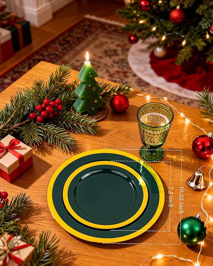 Nervure 102PCS Green Plastic Plates - Disposable Emerald Green Party Plate Include 51PCS 10.25inch Dinner Plates & 51PCS 7.5inch Dessert Plate for Wedding & Party