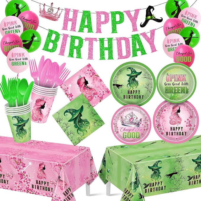 Pink and Green Birthday Party Decorations 207pcs Disposable Paper Plates & Napkins Set for 24 Guests - Includes Happy Birthday Banner & Cartoon Tablecloth