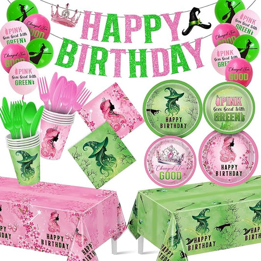 Pink and Green Birthday Party Decorations 207pcs Disposable Paper Plates & Napkins Set for 24 Guests - Includes Happy Birthday Banner & Cartoon Tablecloth