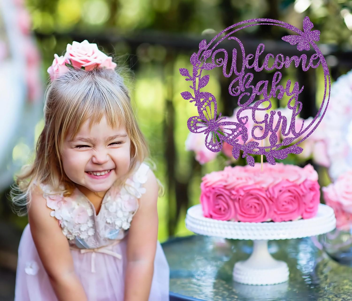 Welcome Baby Girl Cake Topper - Deep Purple Glitter Baby Shower Cake Decorations, Baby Girl Cake Decor, for Baby Shower/Birthday Party/Gender Reveal Party Photo Booth Props