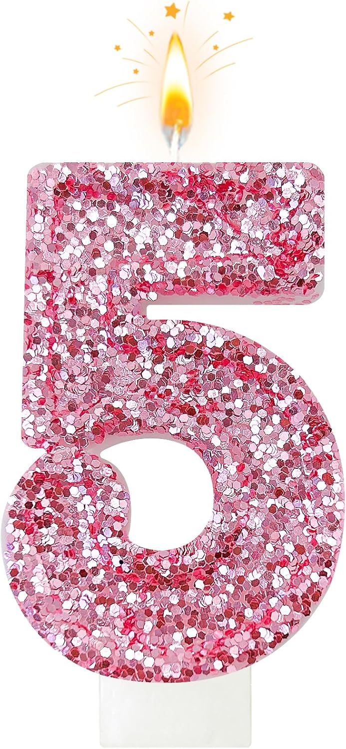 Birthday Number Candles, Glitter Number Candle Cake Decorations with Sequins, Cupcake Decorations for Girls, Women, Party Anniversary Celebrations (Number 5, Pink)
