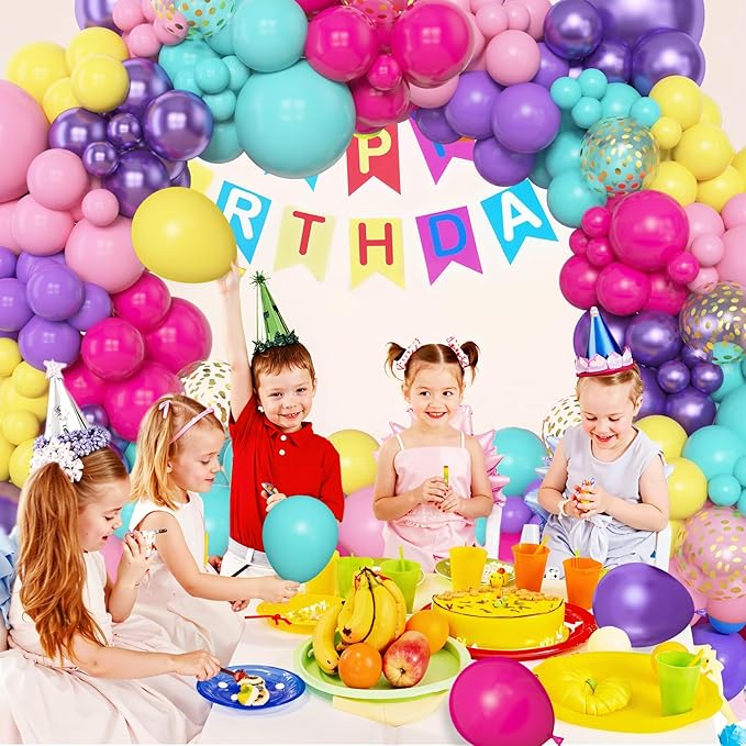 Amandir 153pcs Purple Blue Pink Balloon Garland Arch Kit, Different Sizes 18 12 10 5 inch Teal Yellow Latex Metallic Confetti Balloons for Magic Birthday Engagement Party Decoration