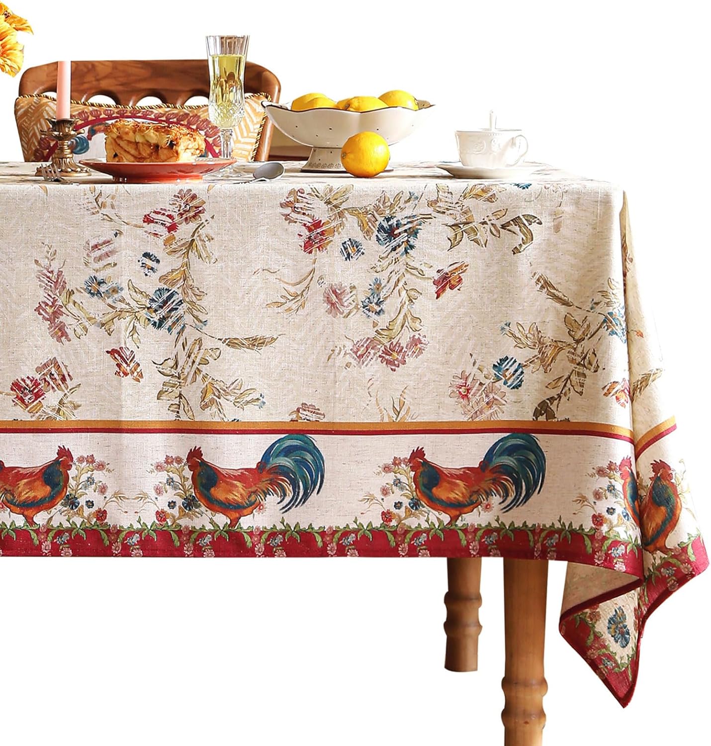 patdrea Designer Vintage Red Rectangle Tablecloth,French Linen Animals Pattern Tablecloths,Decoration Floral Table Cover for Kitchen Dining Christmas,Party,Thanksgiving,55"x87"-Townlife E